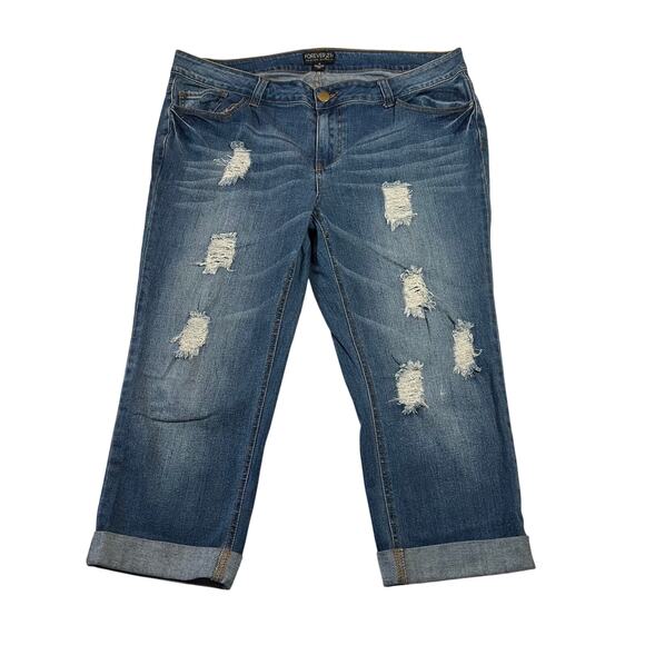 Forever 21 Mid Rise Distressed Cropped Straight Leg Jeans Size 16 Cuffed Hem - Picture 1 of 10